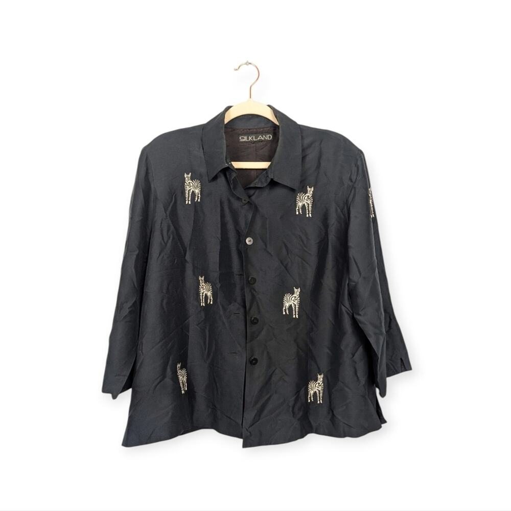 SilkLand Black Silk Embroidered Zebra Button Down Tailored Blouse Size 16